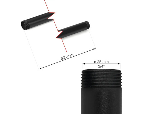Zwarte draadpijp met een lengte van 300 millimeter en een diameter van 25 millimeter