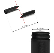 Afbeelding van een zwarte draadbuis met afmetingen van 500 mm lang en 25 mm doorsnede