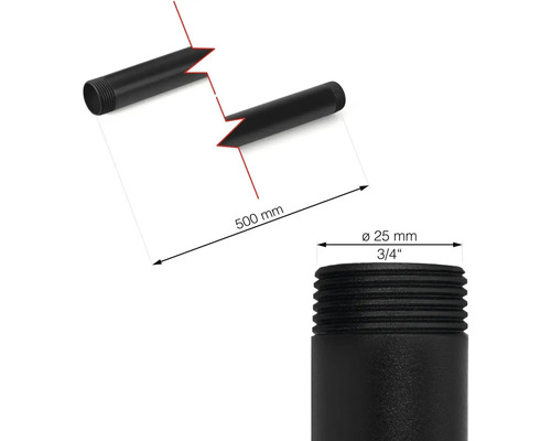 Afbeelding van een zwarte draadbuis met afmetingen van 500 mm lang en 25 mm doorsnede