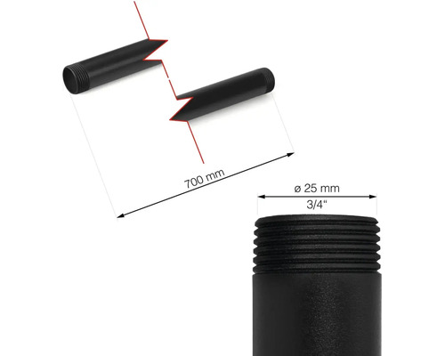 Afbeelding van een pijp met schroefdraad van 700 millimeter lang met een diameter van 25 millimeter