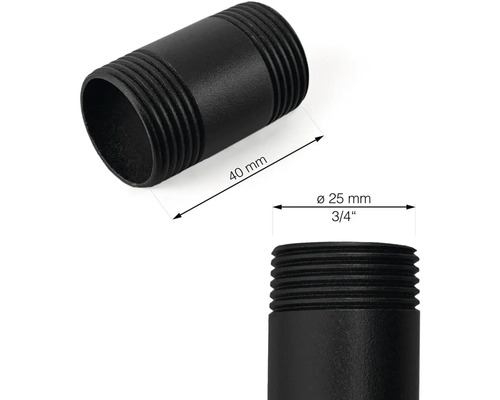 Zwart fittingbuisstuk, 40 mm lang, diameter 25 mm