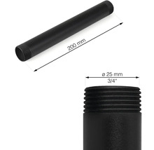 Zwarte buis van 200 mm lang met een diameter van 25 mm en schroefdraad aan beide uiteinden