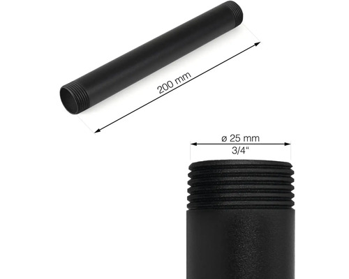 Zwarte buis van 200 mm lang met een diameter van 25 mm en schroefdraad aan beide uiteinden