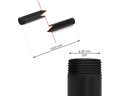Afbeelding van een pijpverlengstuk met de afmetingen 1500 mm lengte en 25 mm diameter