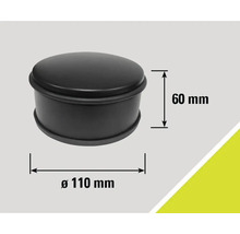 Zwarte deurstopper met een diameter van 110 millimeter en een hoogte van 60 millimeter.