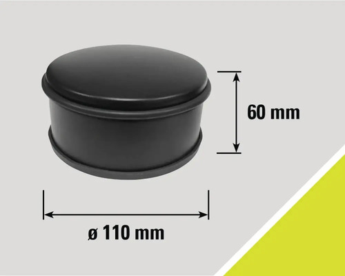 Zwarte deurstopper met een diameter van 110 millimeter en een hoogte van 60 millimeter.