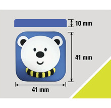 Afmetingen van een meubelknop met berenmotief: 41 mm x 41 mm, dikte 10 mm