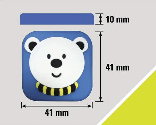 Afmetingen van een meubelknop met berenmotief: 41 mm x 41 mm, dikte 10 mm