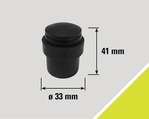 Zwarte rubberen deurstopper met afmetingen 41 mm hoogte en 33 mm diameter