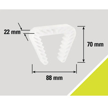 Bevestigingsclip met afmetingen 22 mm, 70 mm en 88 mm.