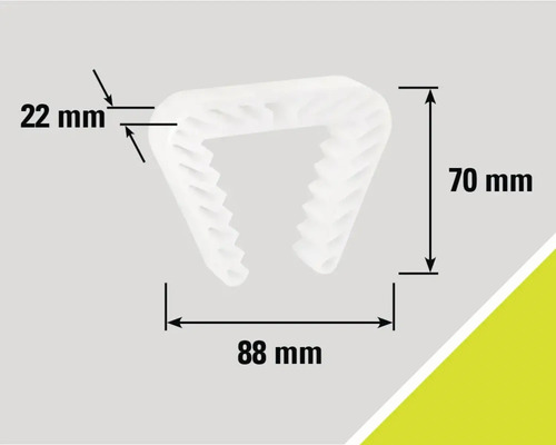 Bevestigingsclip met afmetingen 22 mm, 70 mm en 88 mm.