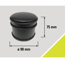Zwarte deurstopper met afmetingen 75 mm hoog en 90 mm diameter.