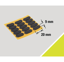 Zelfklevende meubelglijders met afmetingen van negen bij twintig millimeter op een draagvel.