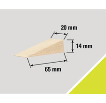 Houten wig met afmetingen 65 mm lang, 20 mm breed en 14 mm hoog