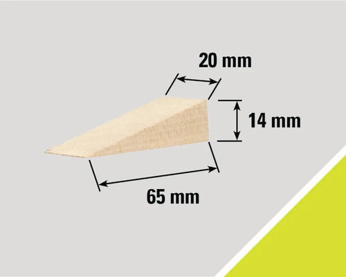 Houten wig met afmetingen 65 mm lang, 20 mm breed en 14 mm hoog