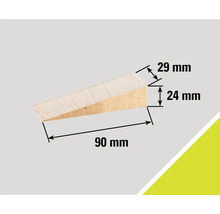 Houten wig met afmetingen 90 mm lengte, 24 mm hoogte en 29 mm breedte.