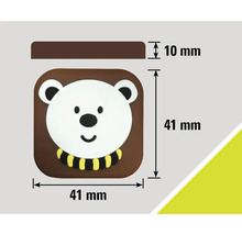 Afmetingen van een deurstopper met berenmotief: 41 mm x 41 mm x 10 mm