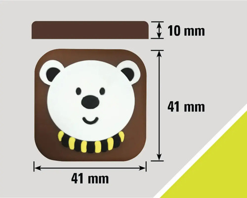 Afmetingen van een deurstopper met berenmotief: 41 mm x 41 mm x 10 mm
