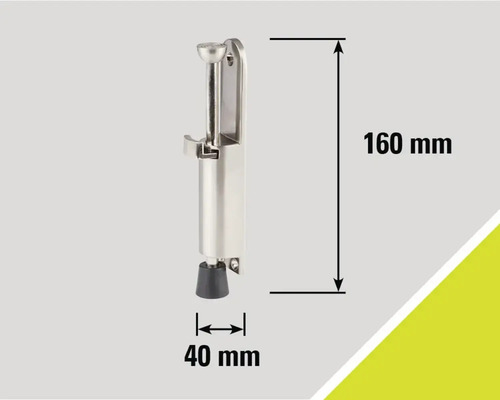 Metalen deurstopper met afmetingen van 160 mm hoogte en 40 mm breedte