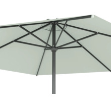 Detailaanzicht van een parasol met metalen frame en stoffen bekleding
