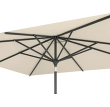 Gedetailleerd achteraanzicht van een rechthoekige parasol met metalen frame
