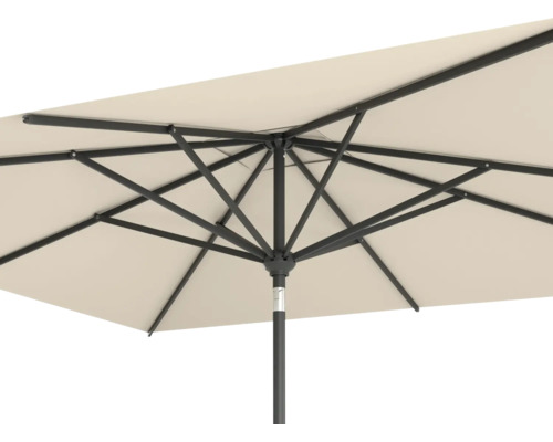 Gedetailleerd achteraanzicht van een rechthoekige parasol met metalen frame