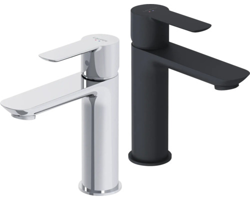 Twee wastafelkranen van Laufen, één verchroomd en één in donkere uitvoering