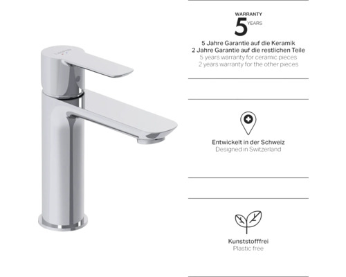 Metalen wastafelmengkraan met vijf jaar garantie op keramiek en twee jaar garantie op andere onderdelen