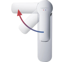 Laufen logo. Mengkraan met warm-koudmarkering en een pijl die de beweging van de hendel weergeeft.