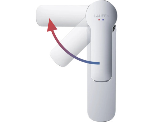 Laufen logo. Mengkraan met warm-koudmarkering en een pijl die de beweging van de hendel weergeeft.