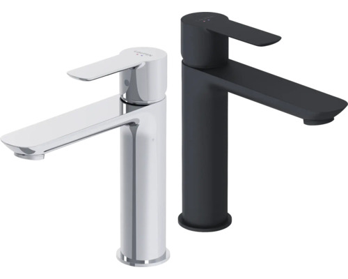 Twee wastafelkranen van Laufen, één in chroom en één in zwart