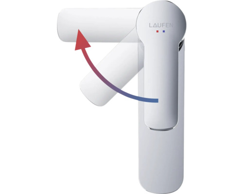 Waterkraan met temperatuurbereikaanduiding en Laufen logo