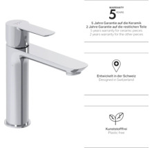Wastafelkraan met garantie-informatie en informatie over ontwerp en materiaal