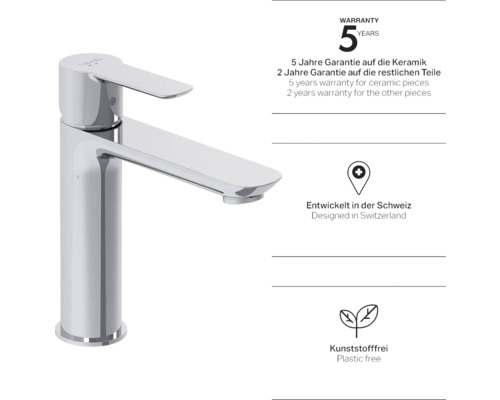 Wastafelkraan met garantie-informatie en informatie over ontwerp en materiaal