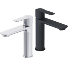 Twee wastafelmengkranen van Laufen, een wastafelmengkraan van metaal en een wastafelmengkraan van gecoat metaal.