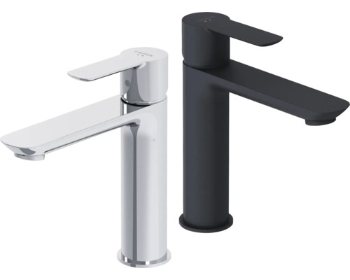 Twee wastafelmengkranen van Laufen, een wastafelmengkraan van metaal en een wastafelmengkraan van gecoat metaal.