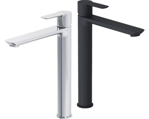 Twee wastafelkranen in chroom en zwart