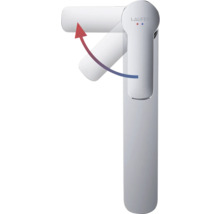 Laufen logo op een kraan met een rode pijl die de beweging van de hendel aangeeft