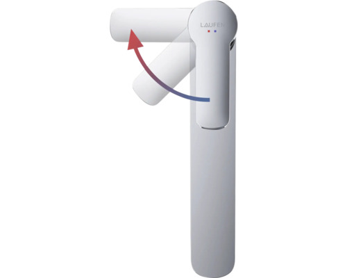 Laufen logo op een kraan met een rode pijl die de beweging van de hendel aangeeft