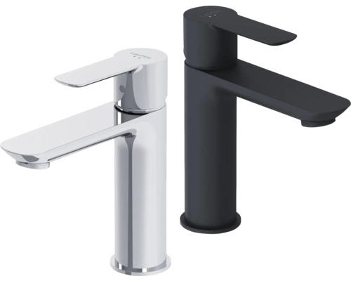 Twee wastafelkranen van Laufen, één in chroom en één in zwart