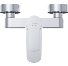 Laufen logo op een wastafelmengkraan met dubbele handgreep