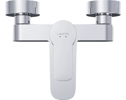 Laufen logo op een wastafelmengkraan met dubbele handgreep
