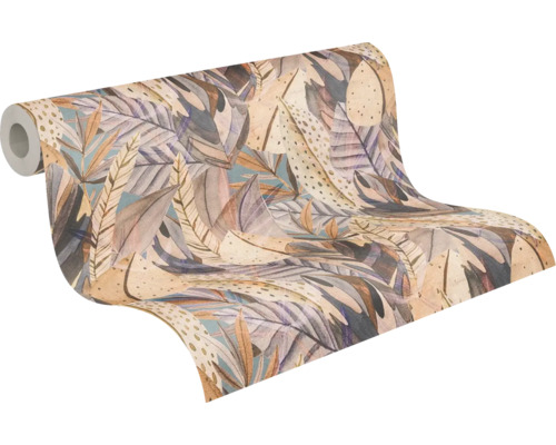 Behangrol met bladeren- en verenmotief