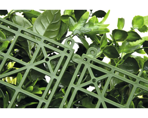 Detailweergave van een kunstmatige plantenwand met bevestigingsstructuur