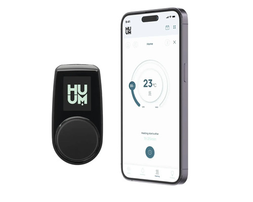 Huum bedieningseenheid en smartphone met Huum app voor verwarmingsregeling