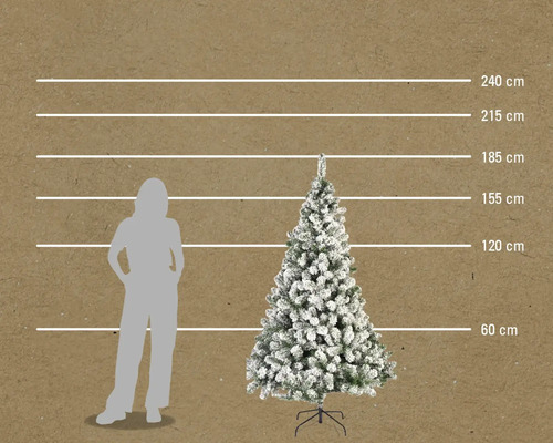 Illustratie van een besneeuwde kerstboom met hoogteaanduidingen in centimeters
