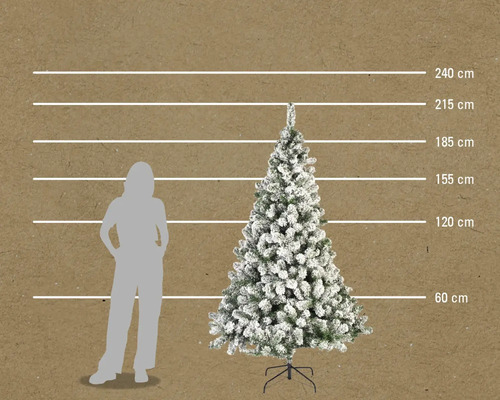 Afbeelding van een kunstmatige, besneeuwde kerstboom met maataanduidingen