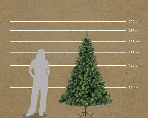 Illustratie van een kunstkerstboom met afmetingen van 60 cm tot 240 cm