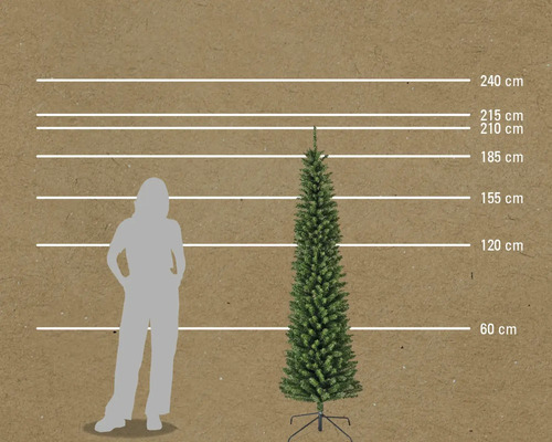 Maatvergelijking van een kunstmatige spar met hoogtemarkeringen en een persoon.