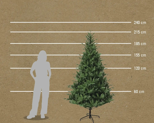 Maatvergelijking kunstkerstboom met vrouw en maataanduidingen